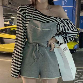 One-shoulder Striped T-shirt / Jumper Shorts