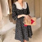 Long Sleeve Contrast Collar Floral Print Chiffon Dress