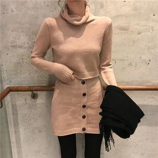 Set: Turtleneck Knit Plain Top + Button-front A-line Skirt