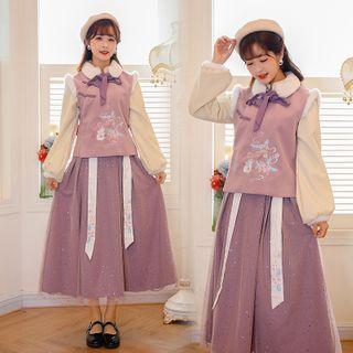 Set: Embroidered Woolen Jacket + Midi A-line Skirt