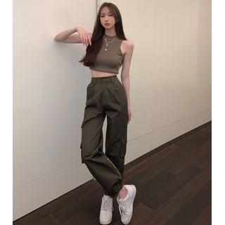 Mock-neck Crop Tank Top / High-waist Cargo Jogger Pants