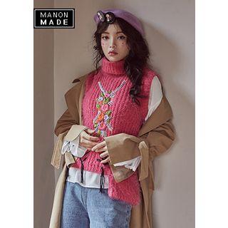 Turtle-neck Sleeveless Flower-embroidered Sweater