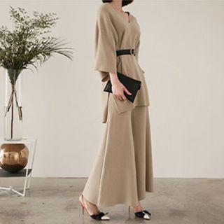 Set: V-neck Belted Sweater + Wide-leg Knit Pants