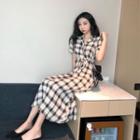 Two Tone Plaid Drawstring A-line Dress As Shown In Figure - One Size