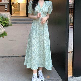 Short-sleeve Floral Print A-line Dress Floral Print - Green - One Size