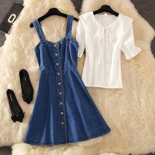 Elbow-sleeve Top / Sleeveless Denim Dress / Set