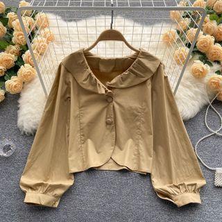 Peter Pan Collar Plain Loose-fit Long-sleeve Shirt