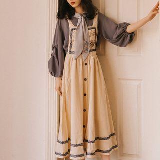 Set: Long-sleeve Tie-neck Blouse + Midi A-line Overall Dress