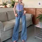 Halter-neck Knit Tank Top / High-waist Wide-leg Bell-bottom Jeans