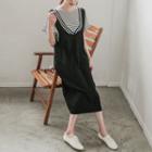 Set: Ruffle-sleeve Stripe Top + V-neck Long Jumper Dress