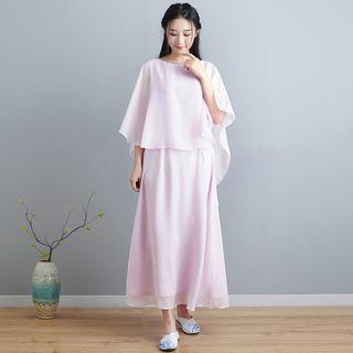 Mock Two-piece Elbow-sleeve Midi Chiffon Dress