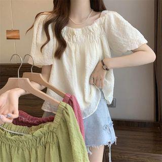 Puff Short-sleeve Round-neck Plain Plaid Top