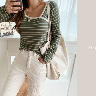 Asymmetric-neck Stripe T-shirt