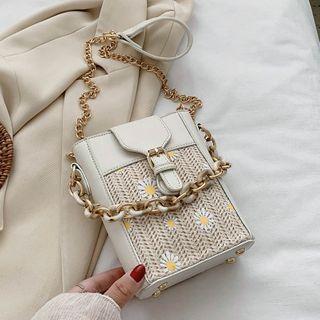 Flower Print Woven Panel Crossbody Bag