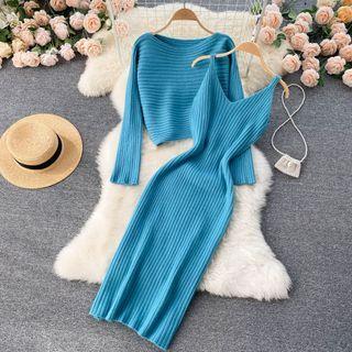 Set Of 2 : Plain Knit Top + V-neck Spaghetti-strap Dress