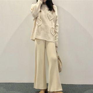 Heart Accent Sweater / Wide-leg Knit Pants
