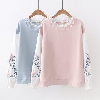 Mock Two-piece Floral Embroidery Sweatshirt