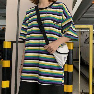 Elbow-sleeve Striped Tree Embroidered T-shirt