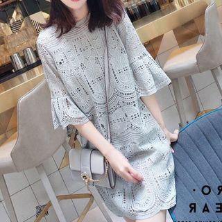 Eyelet Lace Flared-sleeve Mini Shift Dress
