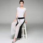 Set: Sleeveless Chiffon Top + Two Tone Wide-leg Pants