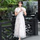 Floral Short-sleeve Sheer Panel Midi Dress