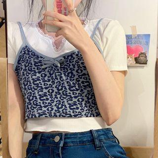 Short-sleeve T-shirt / Spaghetti Strap Leopard Print Top