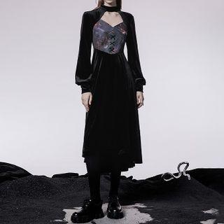 Long-sleeve Lace-up Cutout Velvet Midi A-line Dress