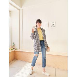 Plus Size Double-button Gingham Blazer