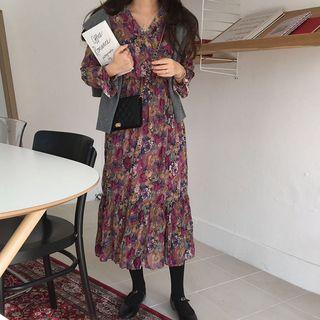 Long-sleeve Floral Ruched Midi Dress As Shown In Figure - One Size