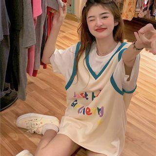 Mock Two-piece Short-sleeve Heart Print T-shirt White & Yellow - One Size