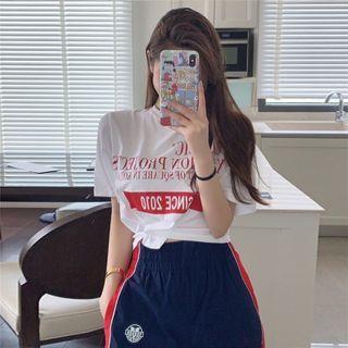 Printed Crop T-shirt / High-waist Colorblock Wide Sweatpants