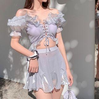 Set: Short-sleeve Lace-up Swim Top + Swim Skirt + Shorts