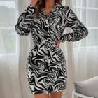 Print Button-up Long-sleeve Mini Bodycon Dress