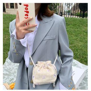 Floral Straw Drawstring Bucket Bag