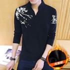 Printed Stand Collar V-neck Long-sleeve T-shirt