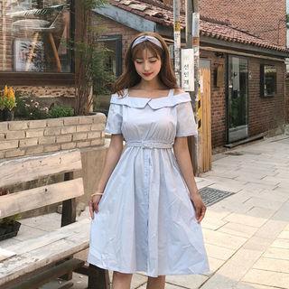 Off-shoulder Cuff-sleeve Dress With Belt