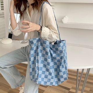 Checkerboard Pattern Denim Tote Bag Blue & Light Blue - One Size