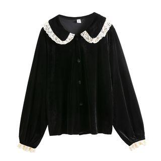 Lace Trim Velvet Shirt Black - One Size