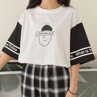 Printed Two-tone Elbow-sleeve T-shirt