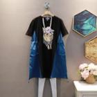 Short-sleeve Pig Print Panel Elastic-waist Dress