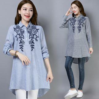 Pinstriped Embroidered Half-placket Shirt