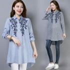 Pinstriped Embroidered Half-placket Shirt
