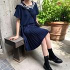 Contrast Stripe Sailor-collar Short-sleeve Pleated Dress