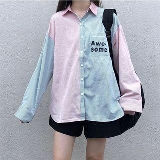 Color Block Long Sleeve Striped Shirt As Shown In Figure - One Size