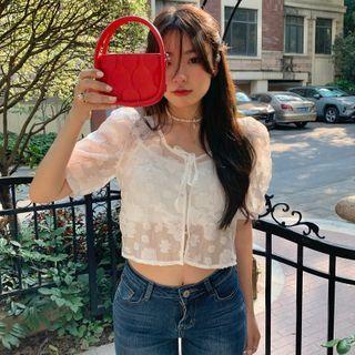 Short-sleeve Tie-front Crop Top White - One Size