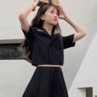 V-neck Plain Cardigan/sailor Collar Top/plain Mini Skirt