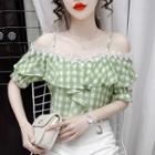 Short-sleeve Plaid Cold-shoulder Top