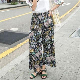 Band-waist Floral Wide-leg Pants