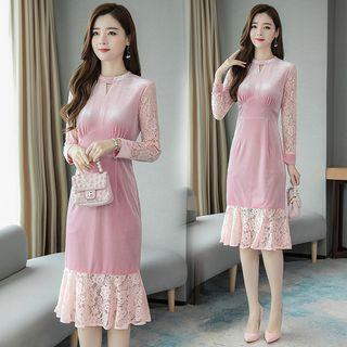 Long-sleeve Velvet Panel Midi Lace Dress