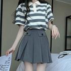Striped Polo Shirt / Plain Mini A-line Skirt